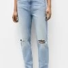 PULL & BEAR Ripped Mom - Straight Leg Jeans - Stone Blue Denim