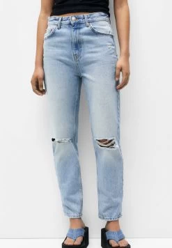PULL & BEAR Ripped Mom - Straight Leg Jeans - Stone Blue Denim