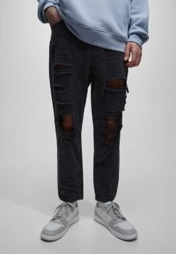 PULL & BEAR With Ripped Detailing - Relaxed Fit Jeans - Mottled Dark Grey