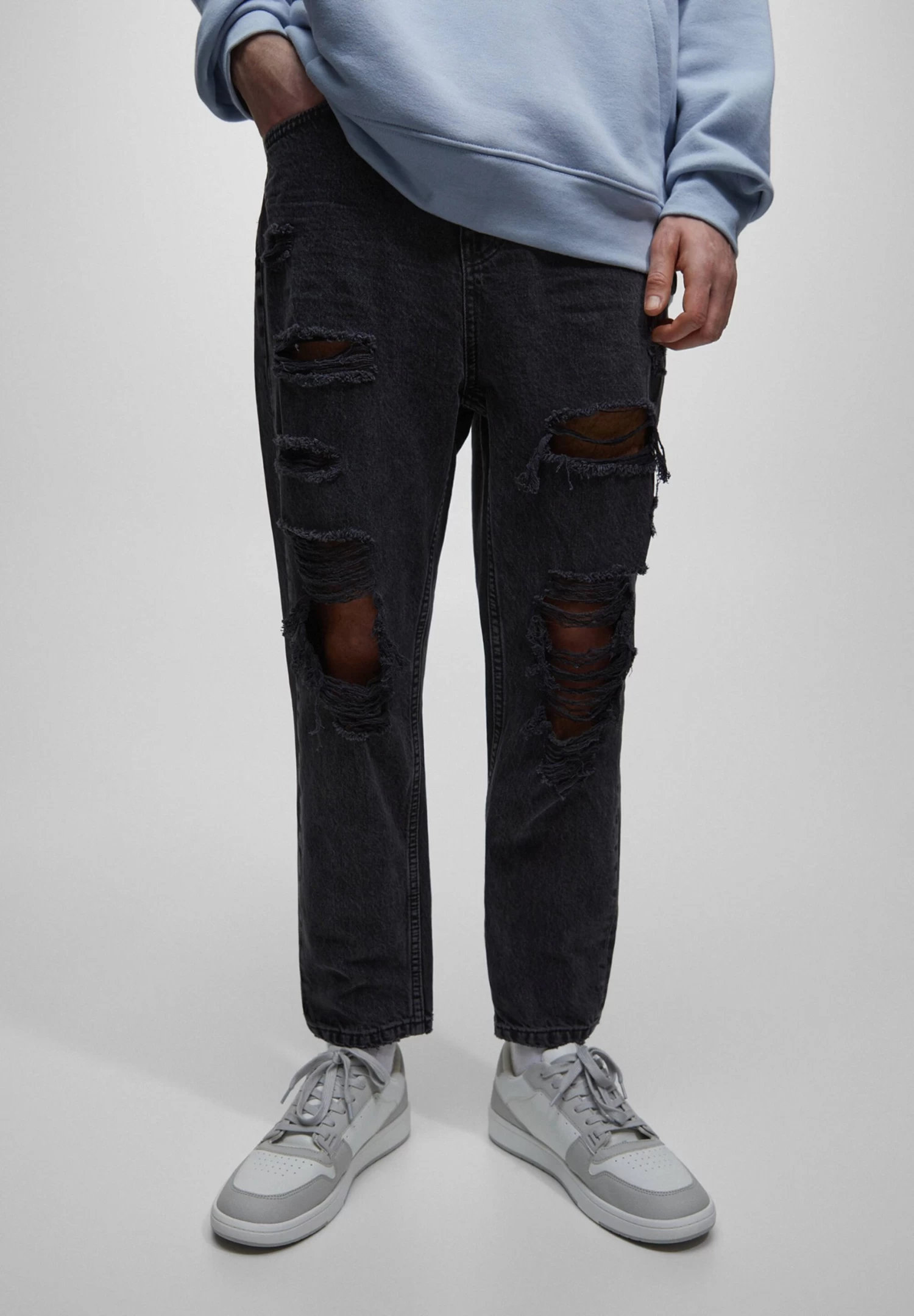 PULL & BEAR With Ripped Detailing - Relaxed Fit Jeans - Mottled Dark Grey 1 PULL & BEAR With Ripped Detailing - Relaxed Fit Jeans - Mottled Dark Grey