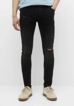 PULL & BEAR Ripped - Slim Fit Jeans - Mottled Black