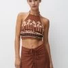 PULL & BEAR Printed Halter - Crop - Top - Light Brown