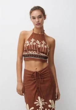 PULL & BEAR Printed Halter - Crop - Top - Light Brown