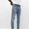PULL & BEAR Ripped Carrot Fit - Jeans Tapered Fit - Light Blue Denim