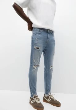 PULL & BEAR Ripped Carrot Fit - Jeans Tapered Fit - Light Blue Denim