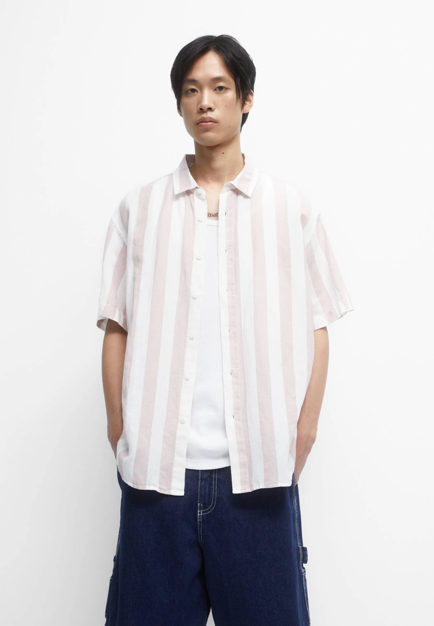 PULL & BEAR Striped Short Sleeve- Overhemd - Pink 1 PULL & BEAR Striped Short Sleeve- Overhemd - Pink