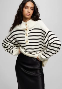 PULL & BEAR Striped With Buttons - Trui - Mottled Beige