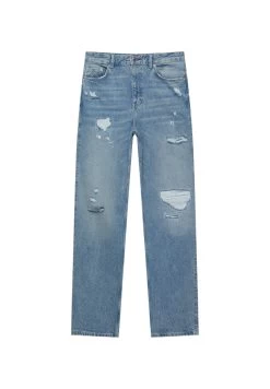 PULL & BEAR Ripped High Rise - Straight Leg Jeans - Blue Denim -PULL BEAR Winkel a6bb8d31229041d3b8557d52d28da07c