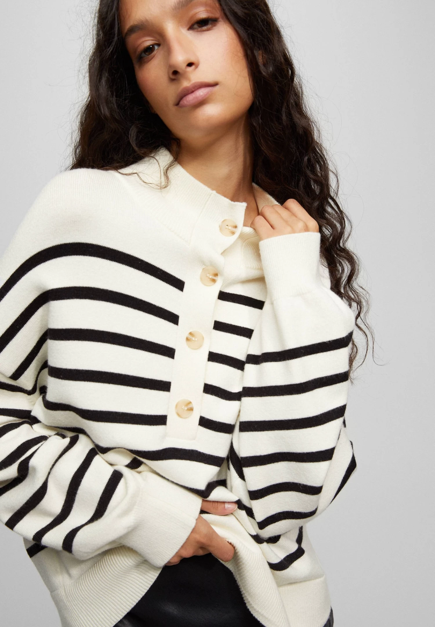 PULL & BEAR Striped With Buttons - Trui - Mottled Beige 4 PULL & BEAR Striped With Buttons - Trui - Mottled Beige - Afbeelding 4