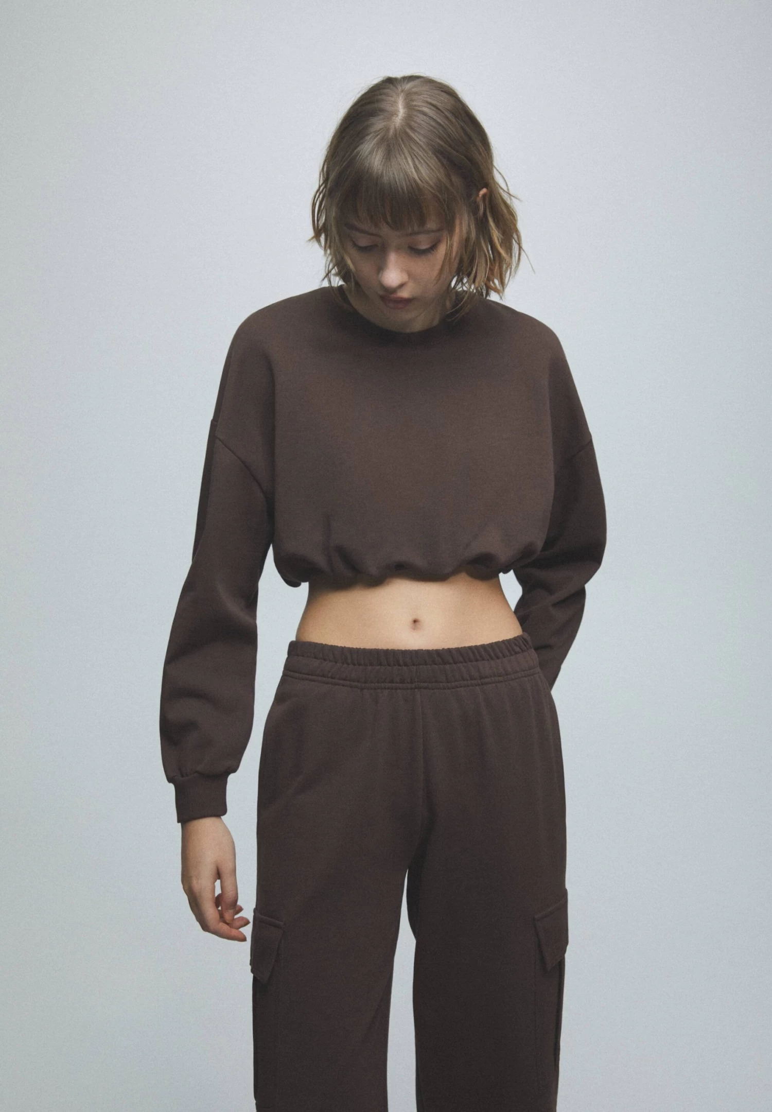 PULL & BEAR Cropped With Elastic Hem - Sweater - Mottled Brown 5 PULL & BEAR Cropped With Elastic Hem - Sweater - Mottled Brown - Afbeelding 5