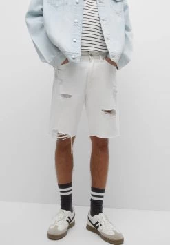 PULL & BEAR Bermuda With Ripped Legs - Jeansshort - White Denim