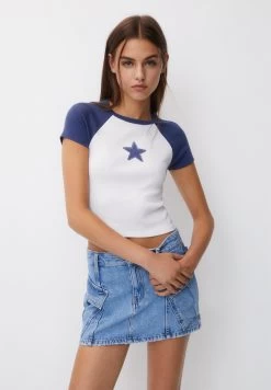 PULL & BEAR Raglan Sleeve With Star Detail - T-Shirt Print - Blue