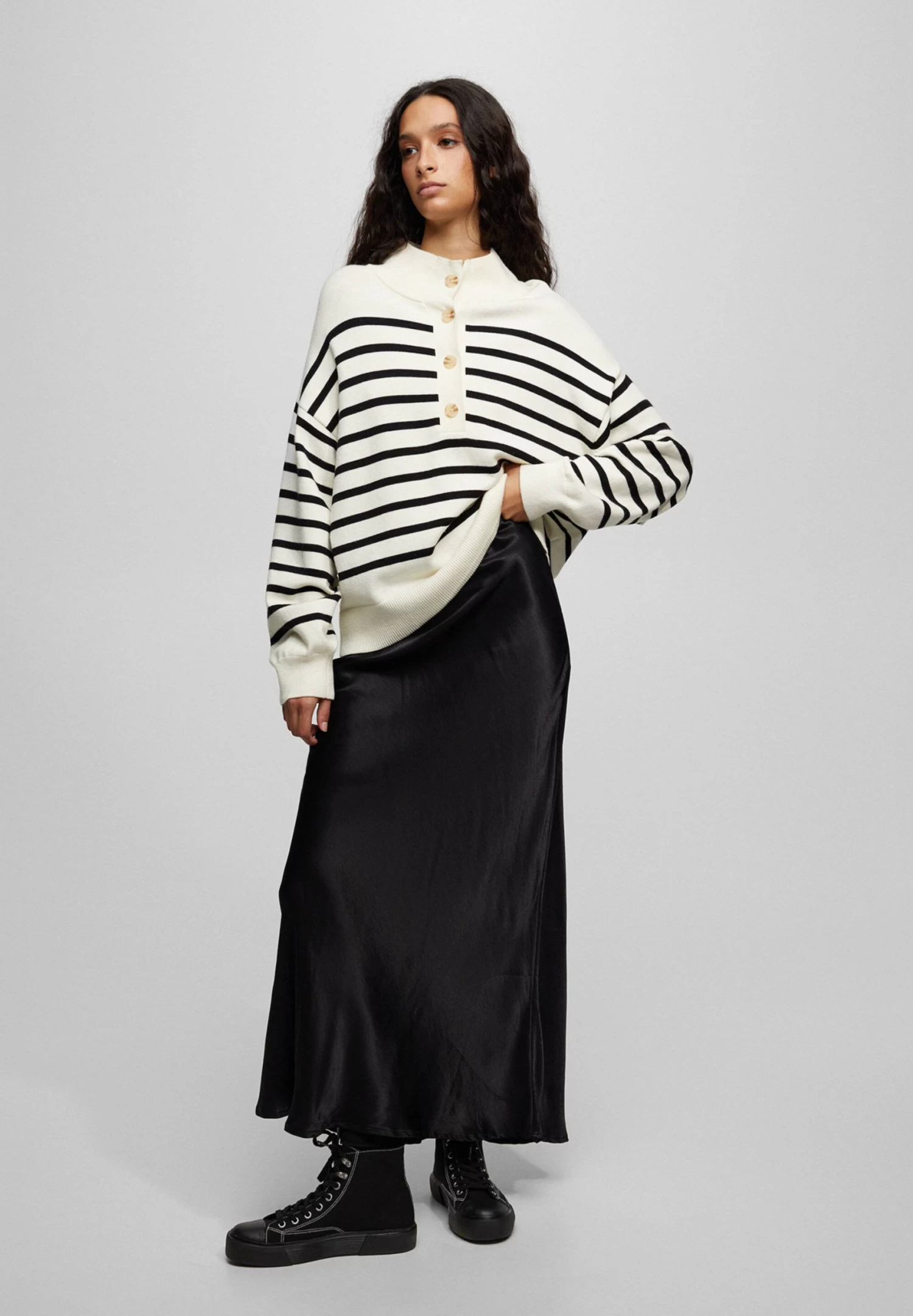 PULL & BEAR Striped With Buttons - Trui - Mottled Beige 2 PULL & BEAR Striped With Buttons - Trui - Mottled Beige - Afbeelding 2