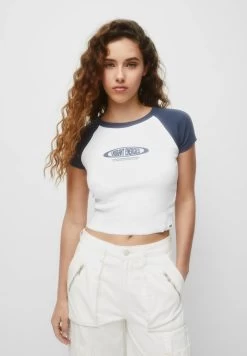 PULL & BEAR Cropped Raglan-Sleeve - T-Shirt Print - White