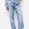 PULL & BEAR Mid-Waist With Rhinestones - Straight Leg Jeans - Stone Blue Denim