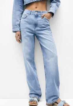 PULL & BEAR Mid-Waist With Rhinestones - Straight Leg Jeans - Stone Blue Denim